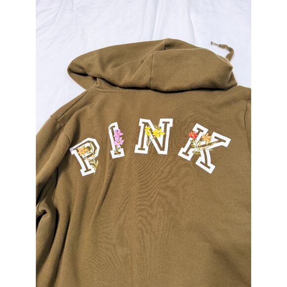 PINK VS Womens Full Zip Up Hoodie Olive Army Green with Flowers XL - Picture 7 of 7